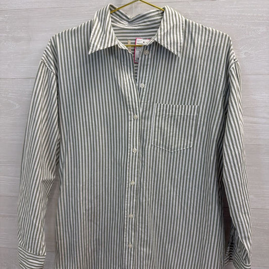White/ Green Striped Long Sleeve Button Down Dress Extra Small