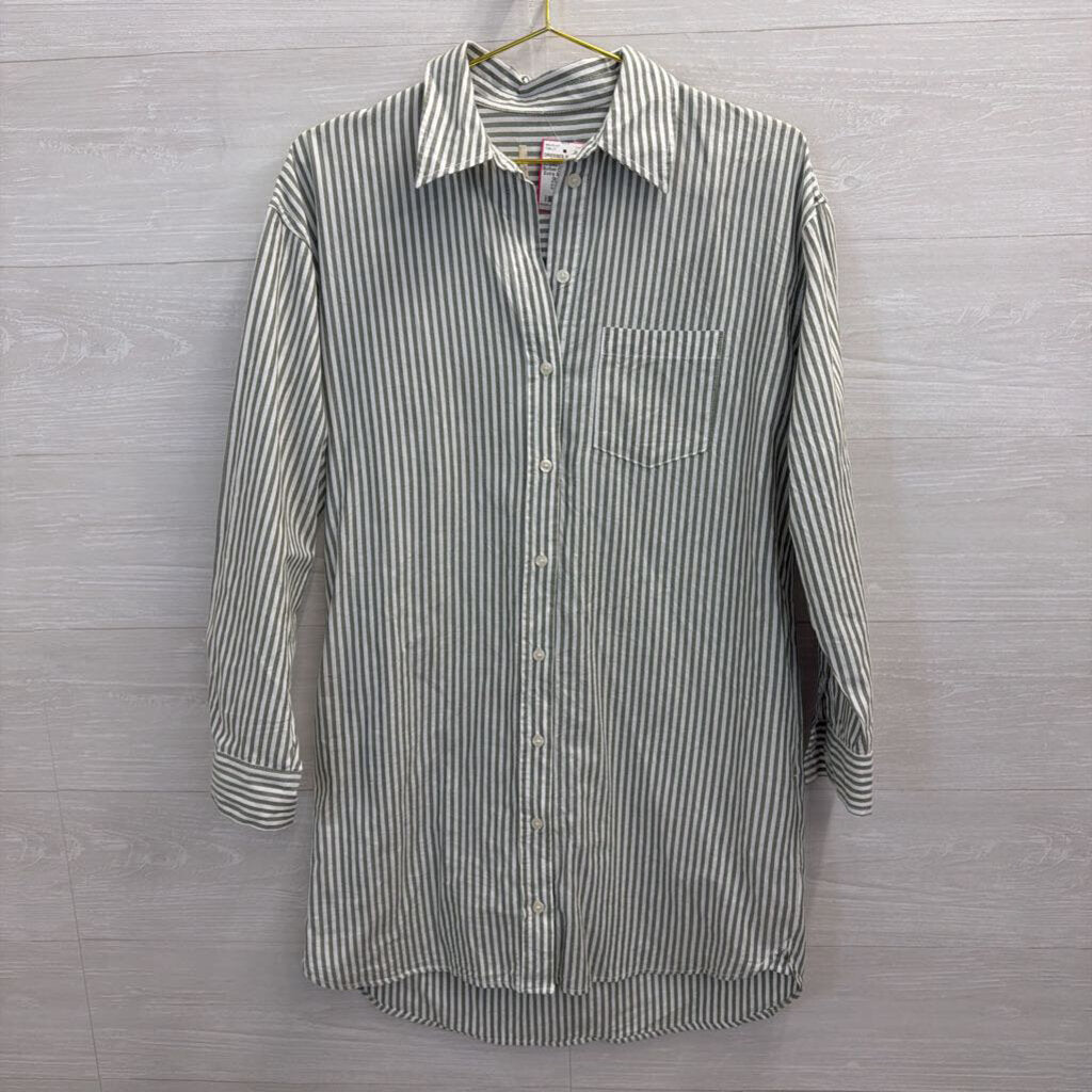 White/ Green Striped Long Sleeve Button Down Dress Extra Small
