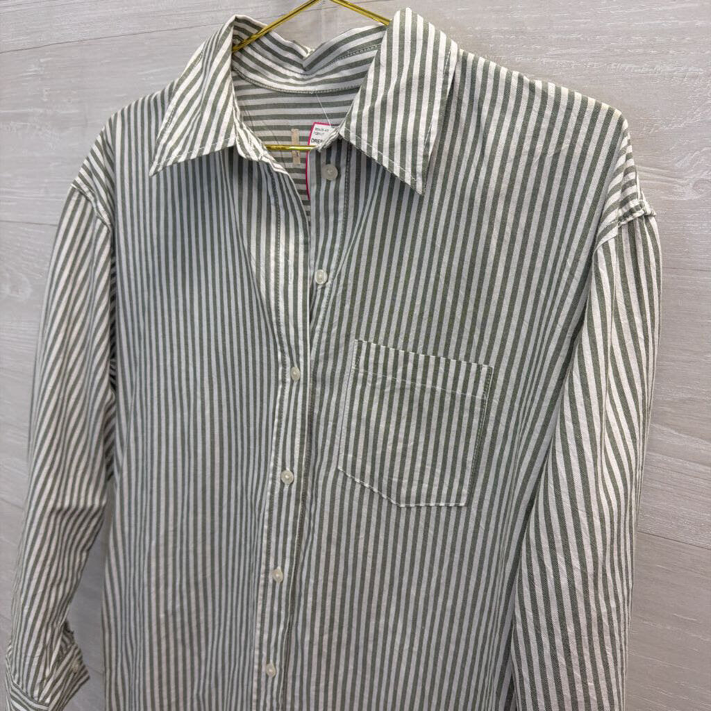 White/ Green Striped Long Sleeve Button Down Dress Extra Small