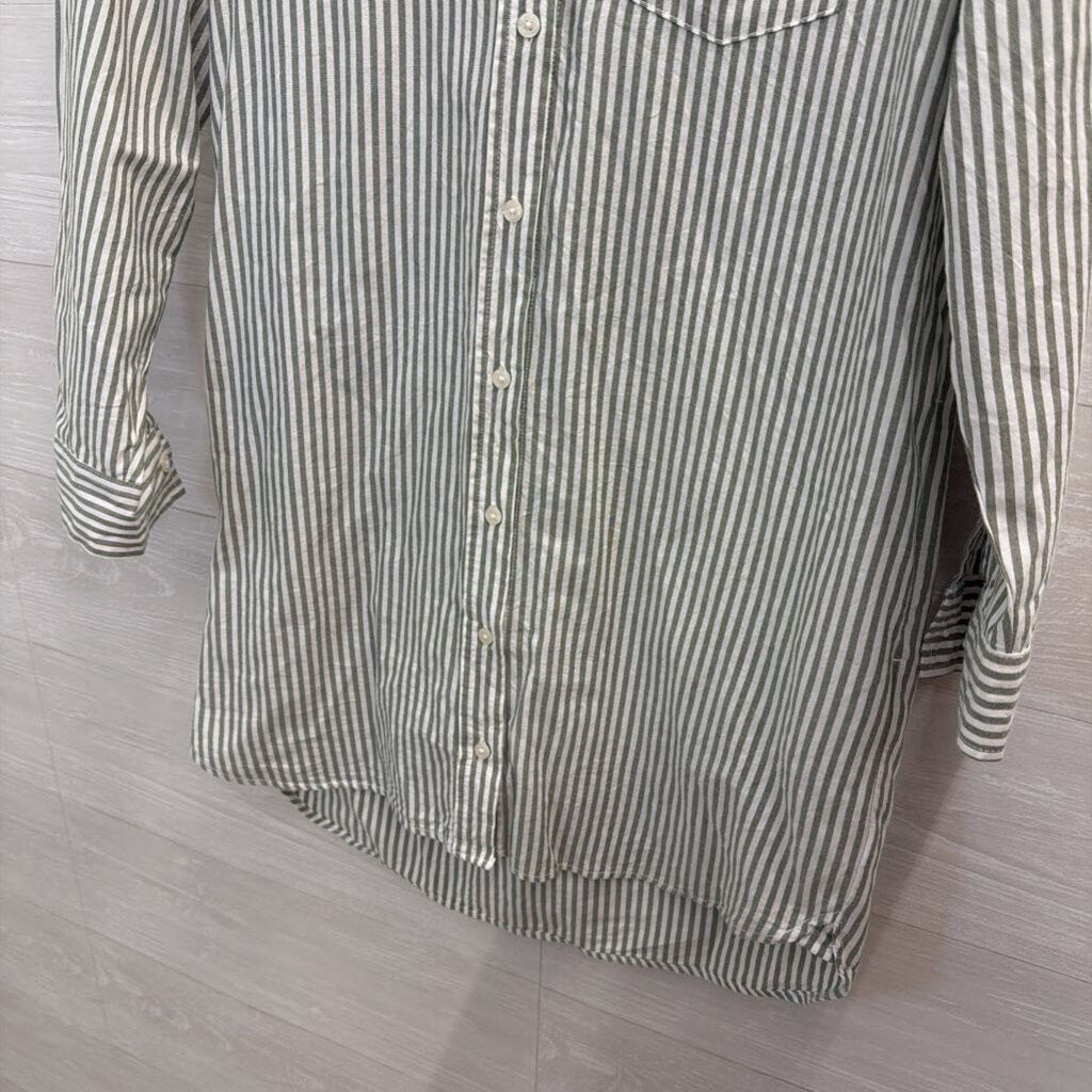 White/ Green Striped Long Sleeve Button Down Dress Extra Small