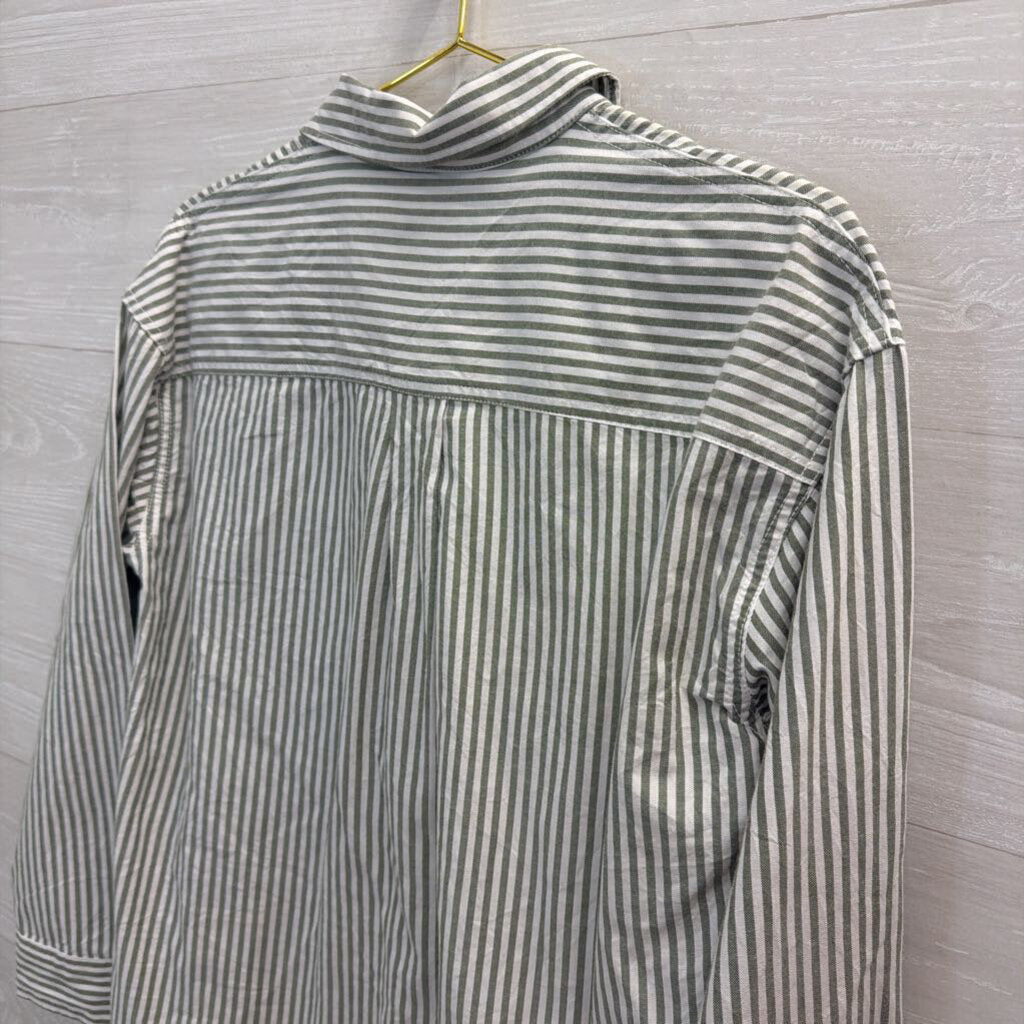 White/ Green Striped Long Sleeve Button Down Dress Extra Small