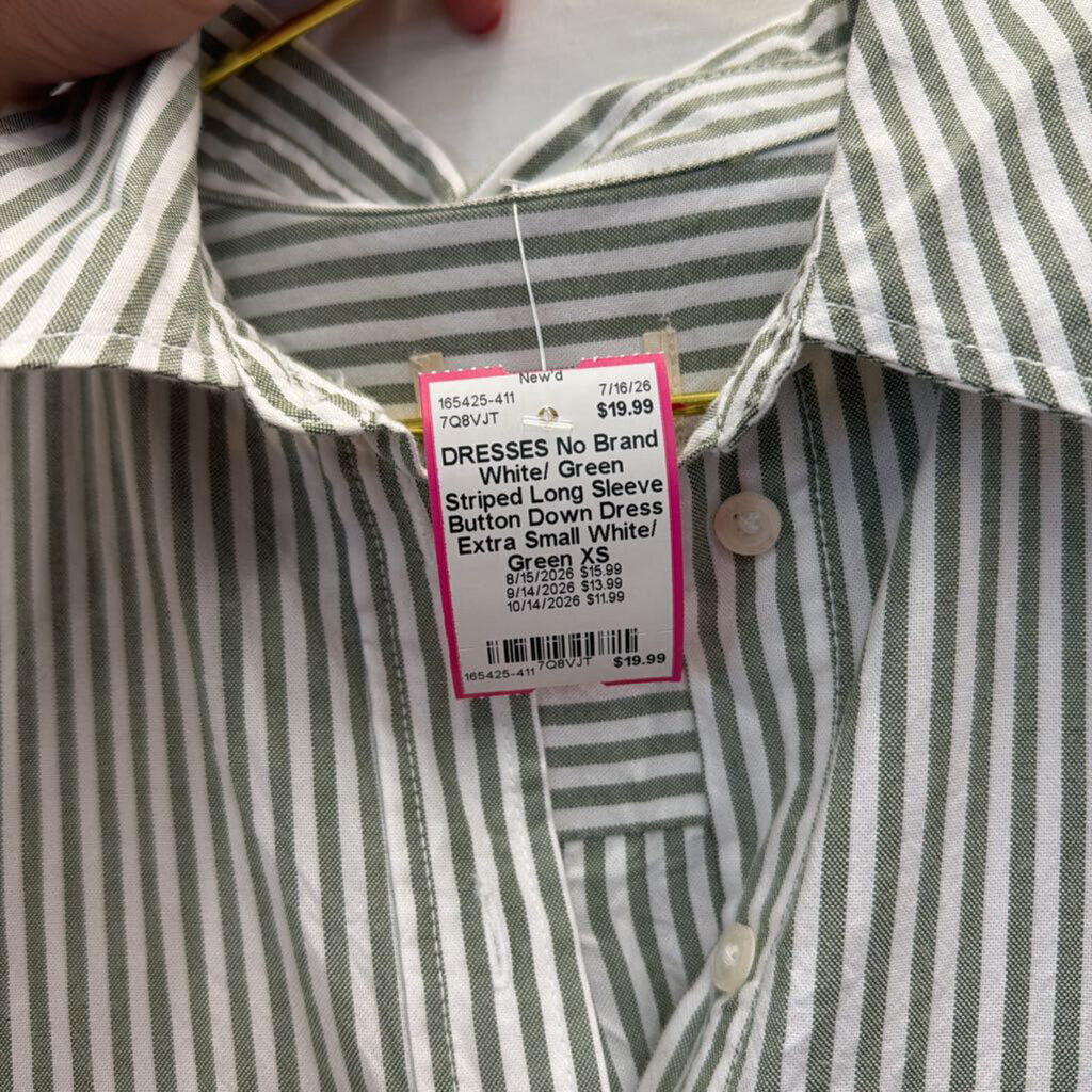 White/ Green Striped Long Sleeve Button Down Dress Extra Small