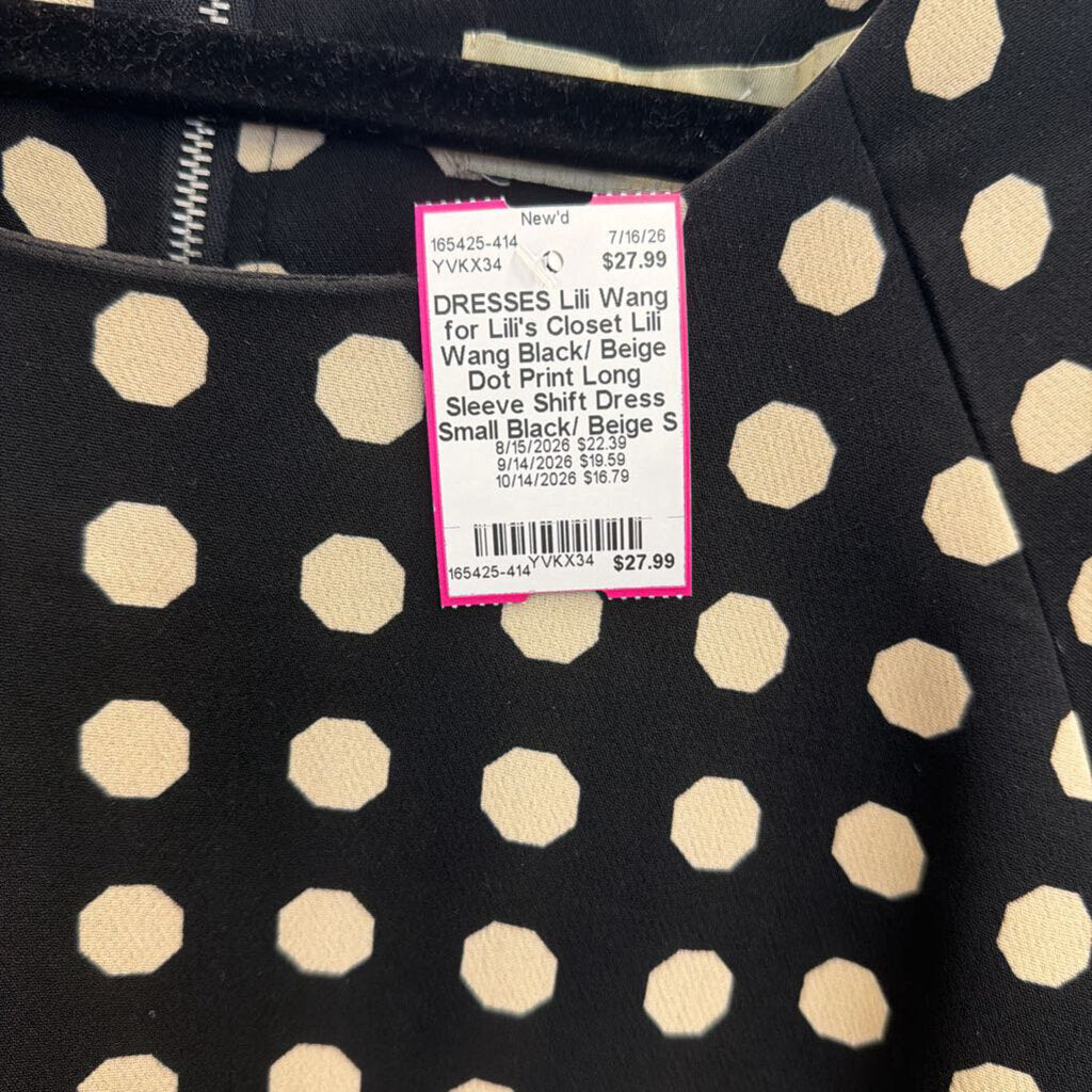Lili Wang Black/ Beige Dot Print Long Sleeve Shift Dress Small