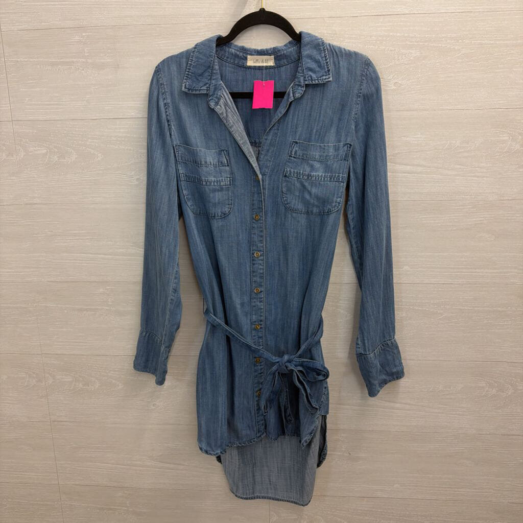 Bella Dahl Blue Chambray Long Sleeve Button Down Tie Waist Dress Small