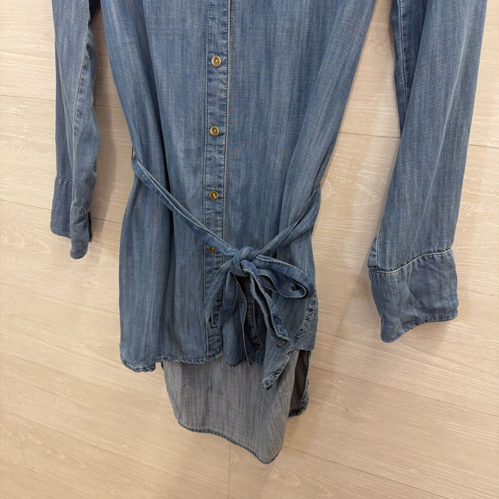 Bella Dahl Blue Chambray Long Sleeve Button Down Tie Waist Dress Small