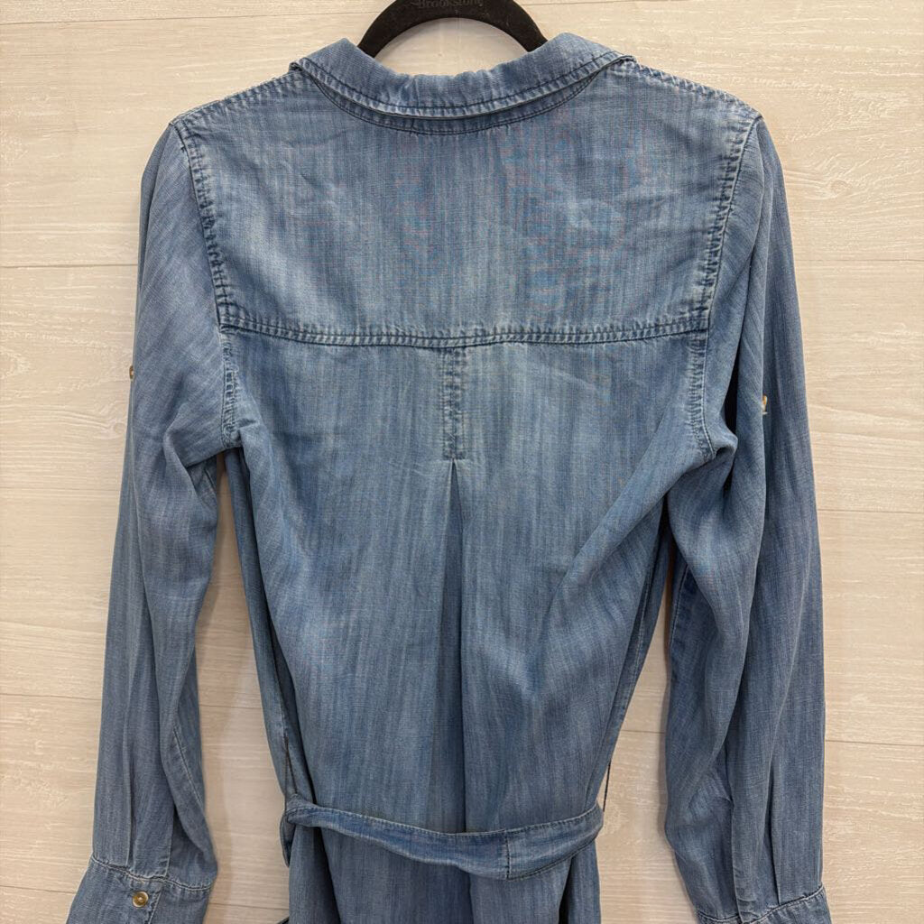 Bella Dahl Blue Chambray Long Sleeve Button Down Tie Waist Dress Small