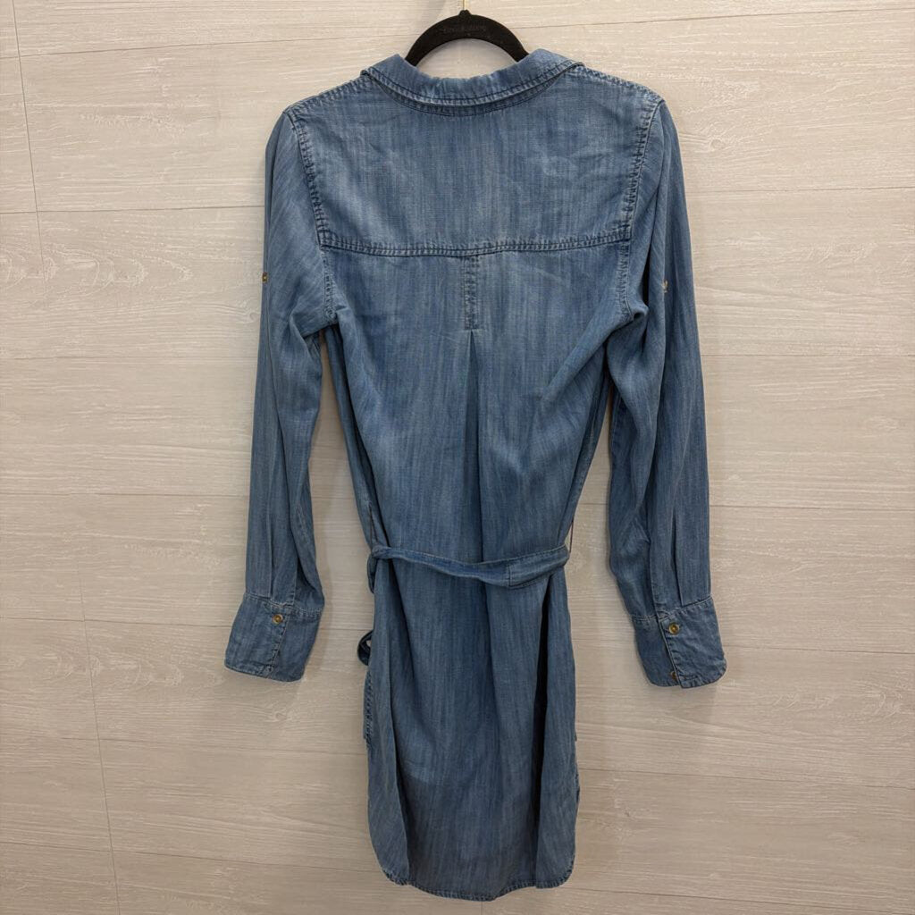 Bella Dahl Blue Chambray Long Sleeve Button Down Tie Waist Dress Small