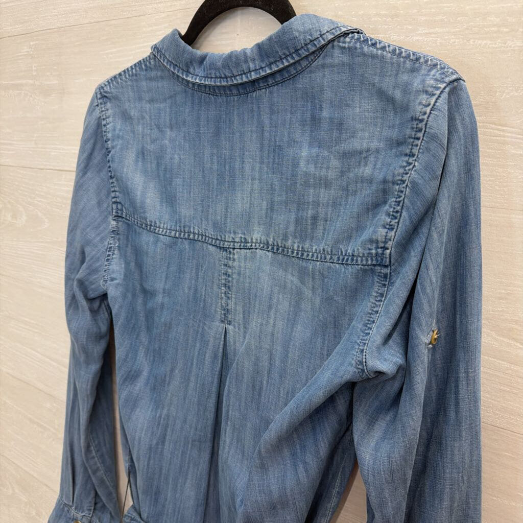 Bella Dahl Blue Chambray Long Sleeve Button Down Tie Waist Dress Small