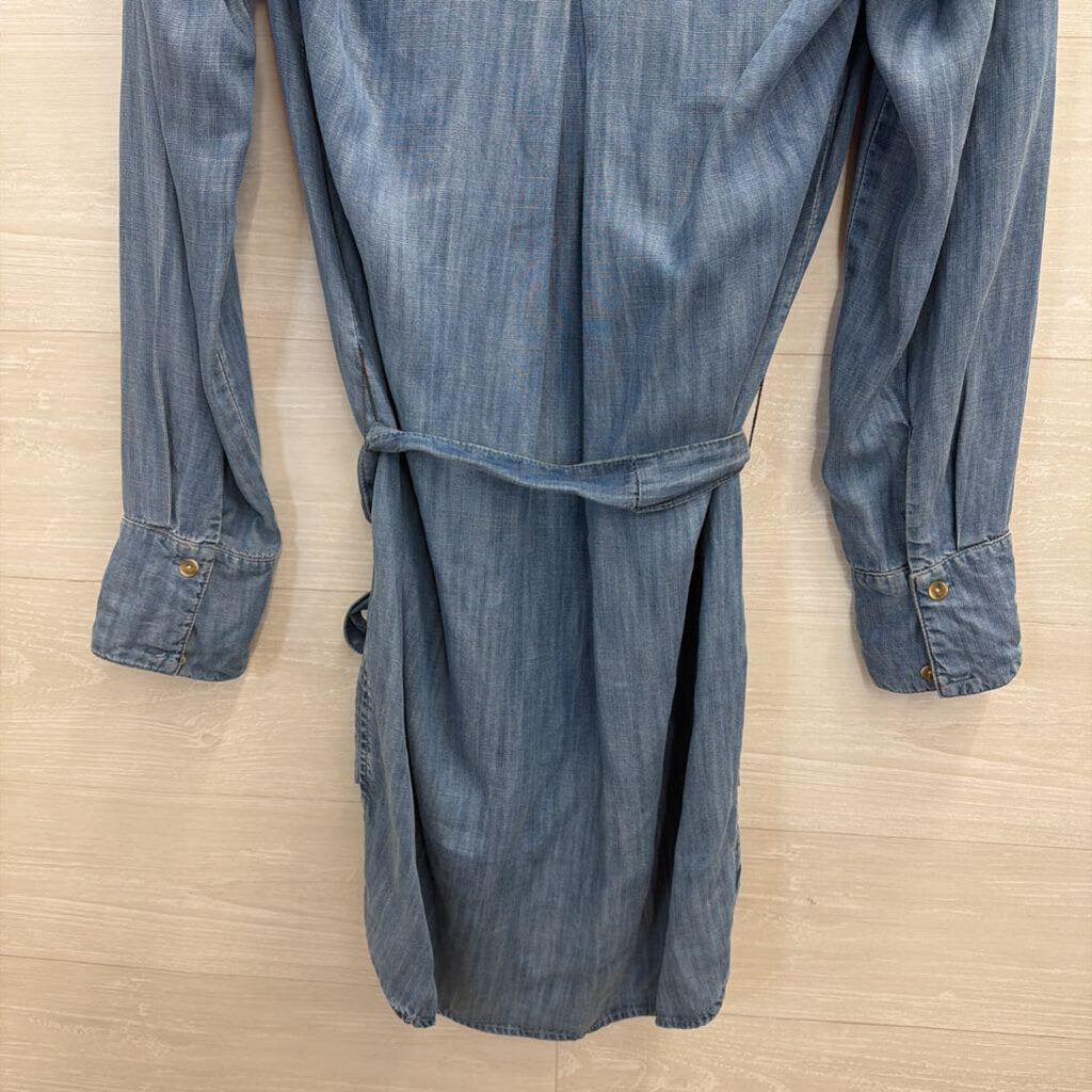 Bella Dahl Blue Chambray Long Sleeve Button Down Tie Waist Dress Small