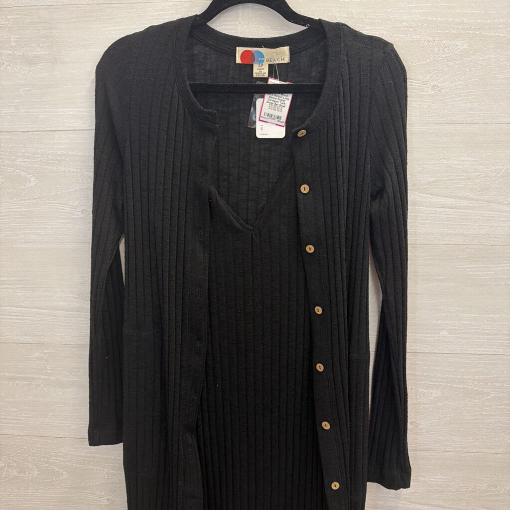 FP Beach Black Ribbed Long Sleeve Duster Cardigan/ Tank Dress Set Small