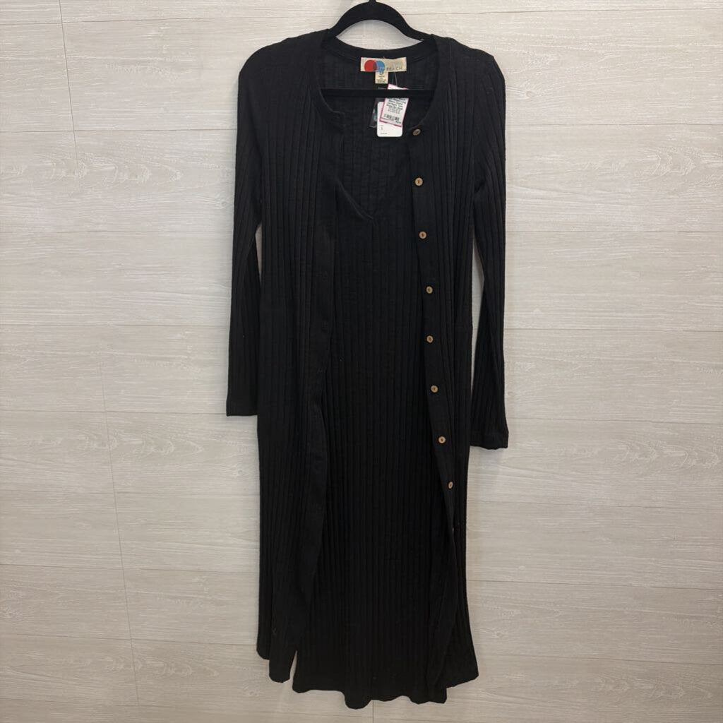 FP Beach Black Ribbed Long Sleeve Duster Cardigan/ Tank Dress Set Small