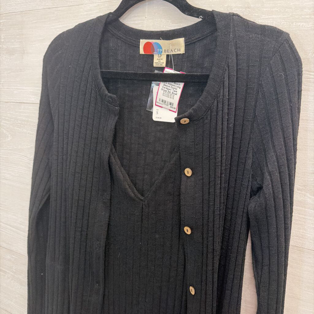 FP Beach Black Ribbed Long Sleeve Duster Cardigan/ Tank Dress Set Small