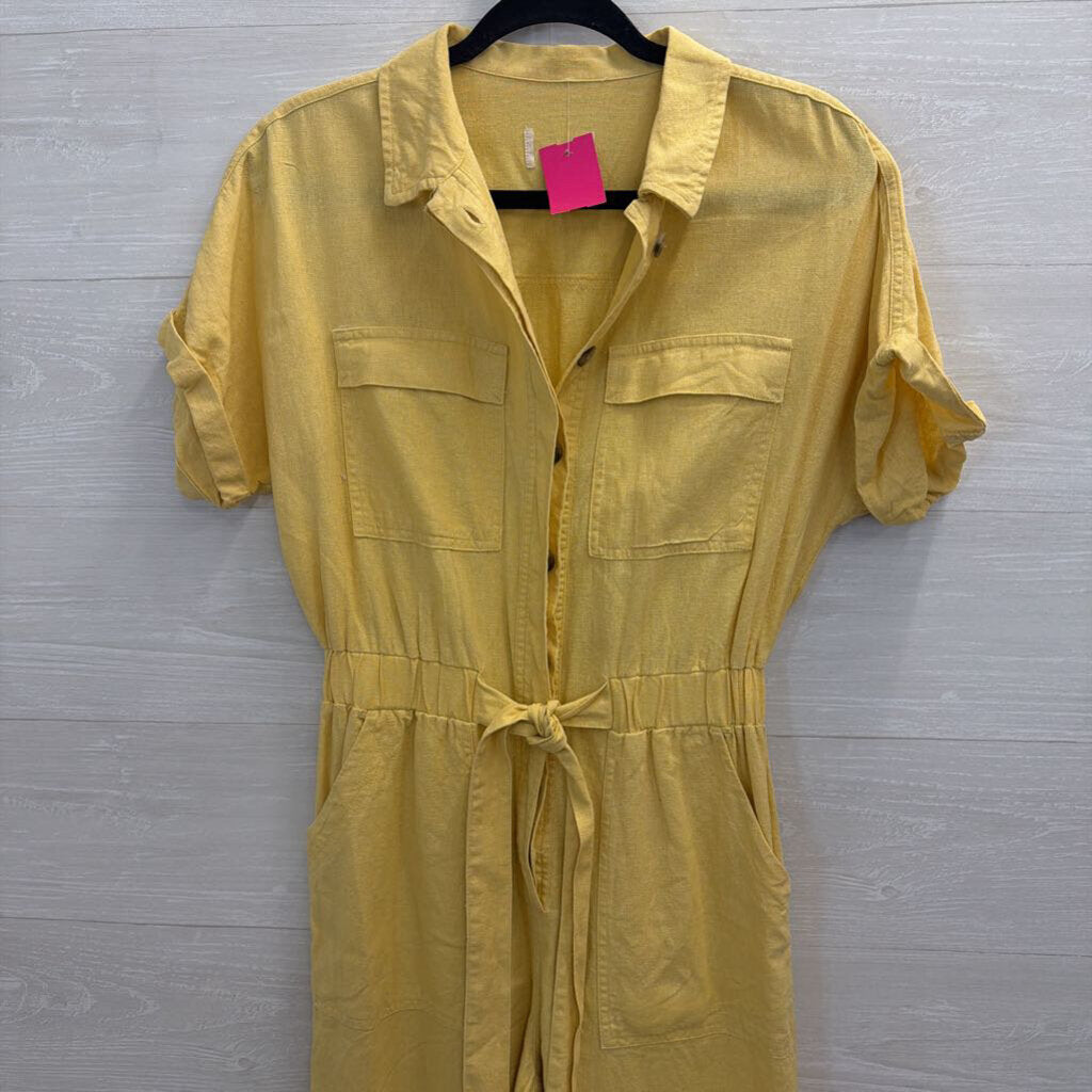 Yellow Short Sleeve Button Front Tie Waist Jumpsuit Small