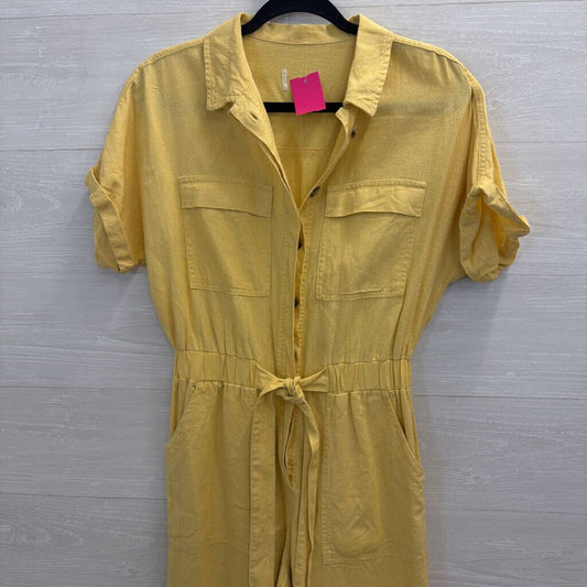 Yellow Short Sleeve Button Front Tie Waist Jumpsuit Small