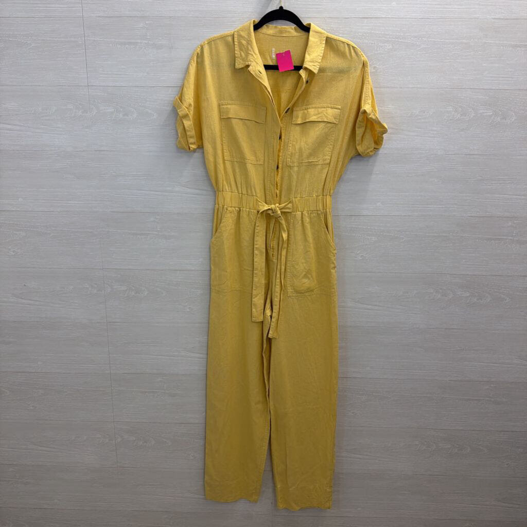 Yellow Short Sleeve Button Front Tie Waist Jumpsuit Small