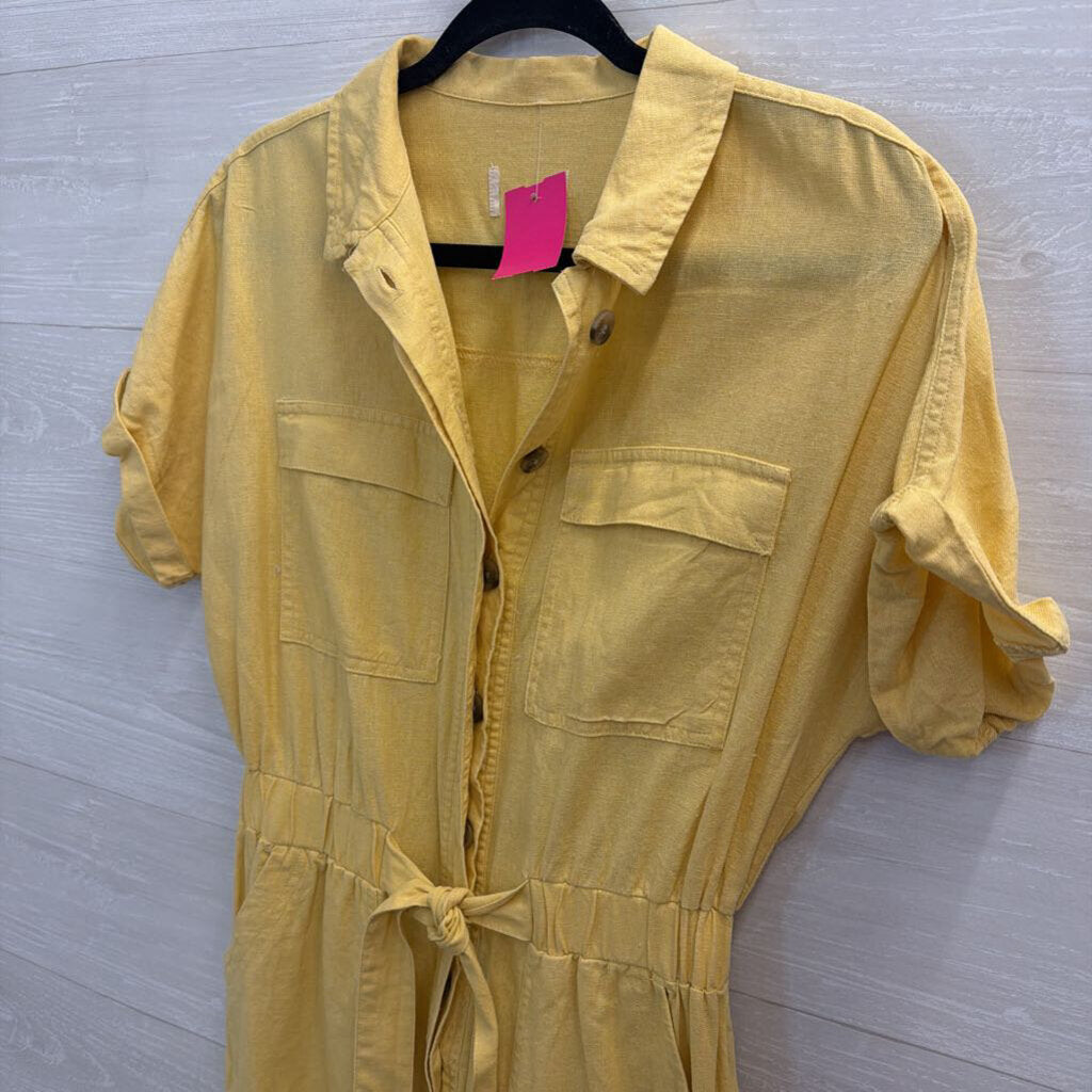 Yellow Short Sleeve Button Front Tie Waist Jumpsuit Small