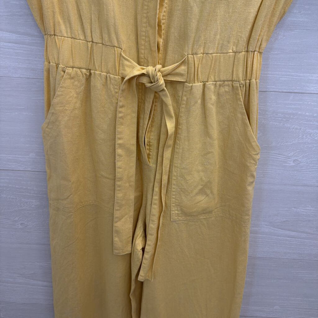 Yellow Short Sleeve Button Front Tie Waist Jumpsuit Small
