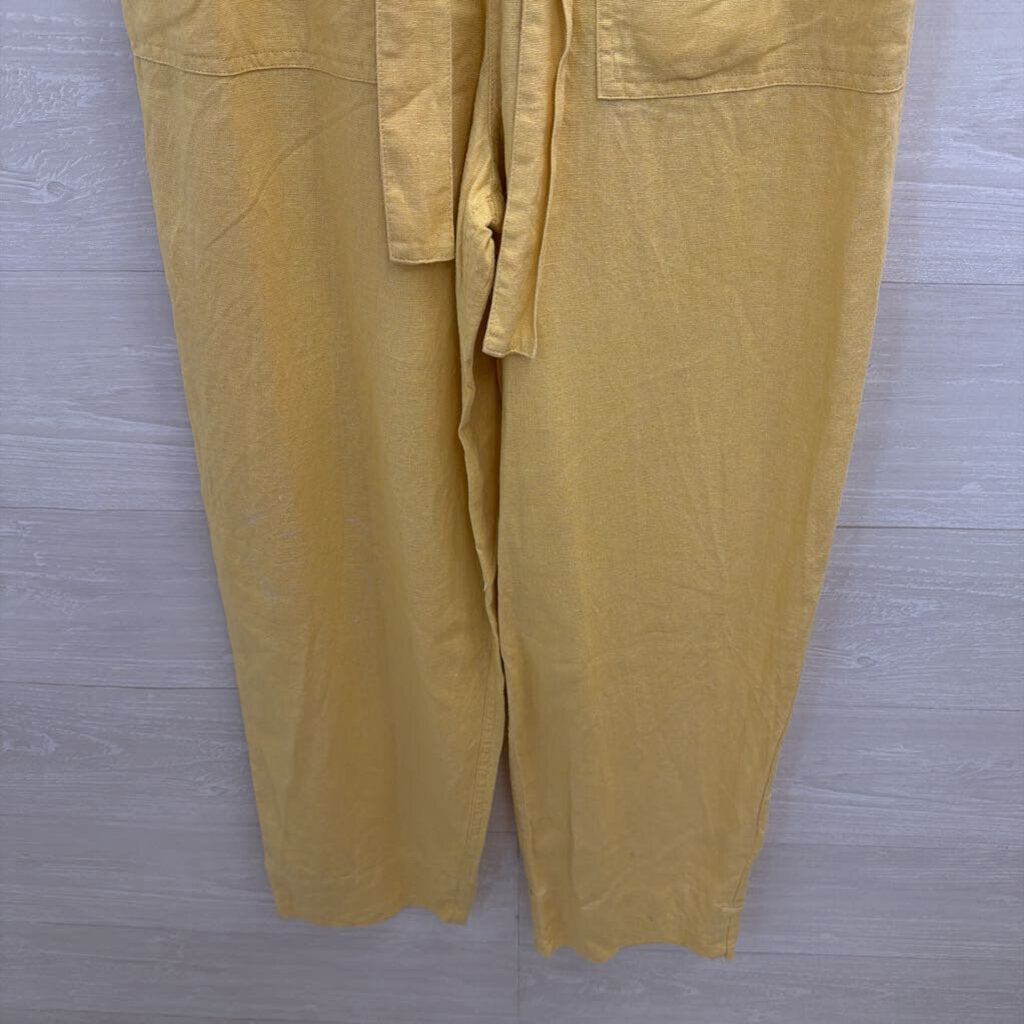 Yellow Short Sleeve Button Front Tie Waist Jumpsuit Small