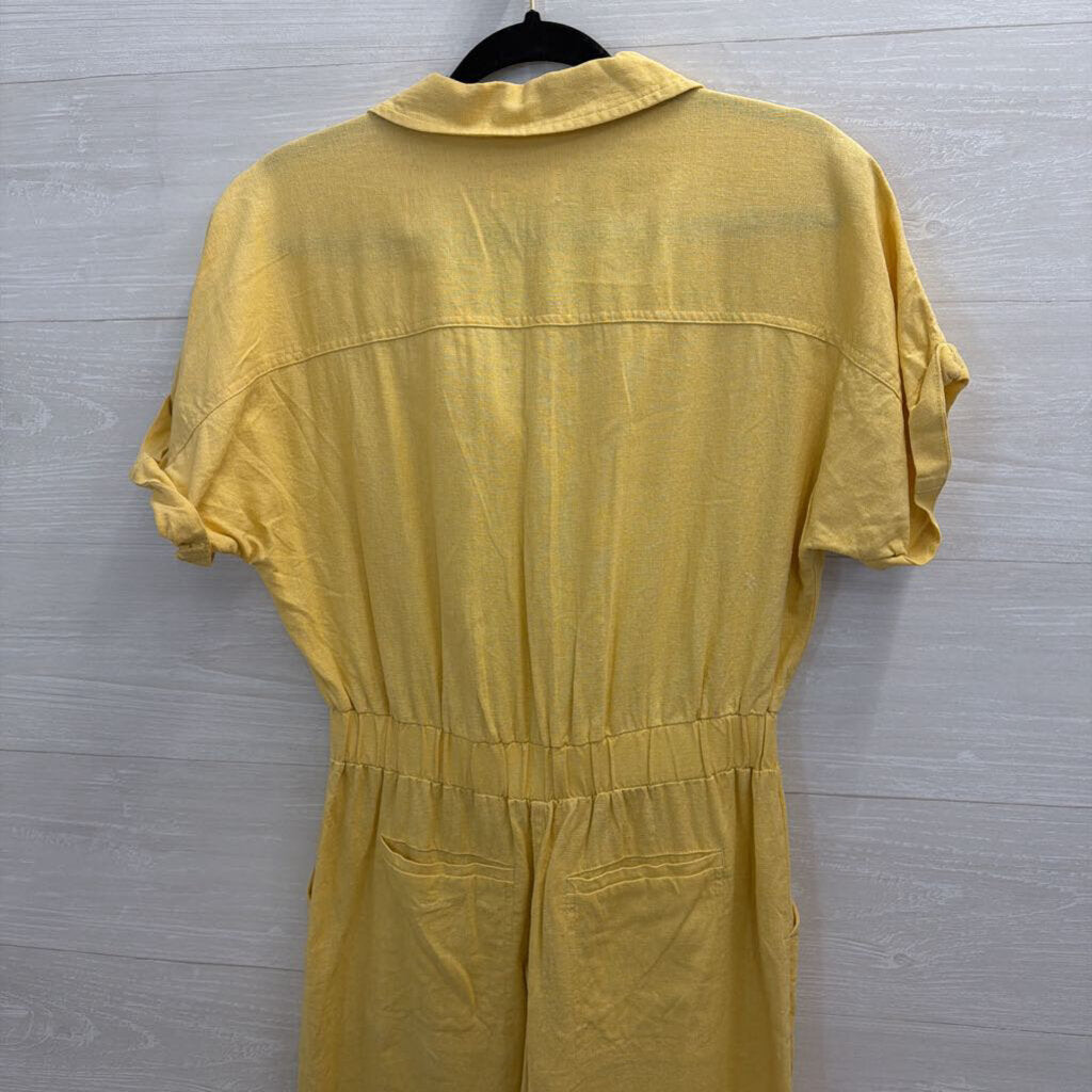 Yellow Short Sleeve Button Front Tie Waist Jumpsuit Small
