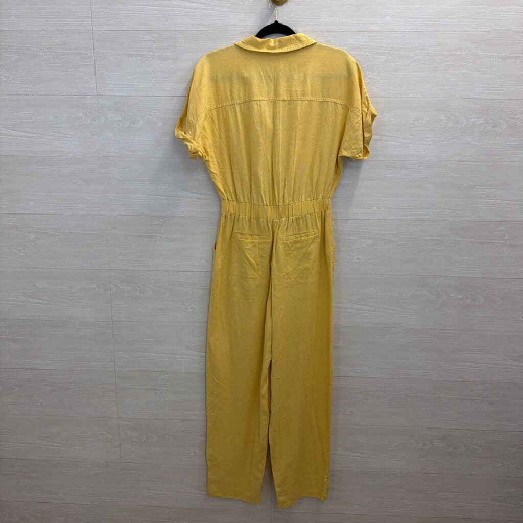 Yellow Short Sleeve Button Front Tie Waist Jumpsuit Small
