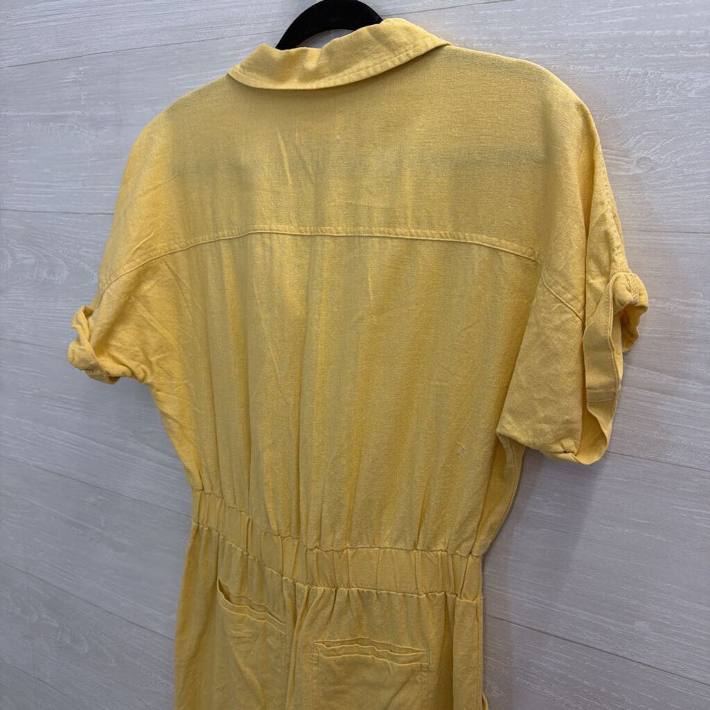 Yellow Short Sleeve Button Front Tie Waist Jumpsuit Small