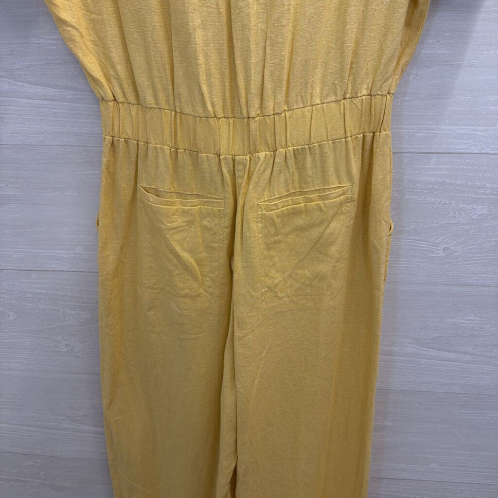 Yellow Short Sleeve Button Front Tie Waist Jumpsuit Small
