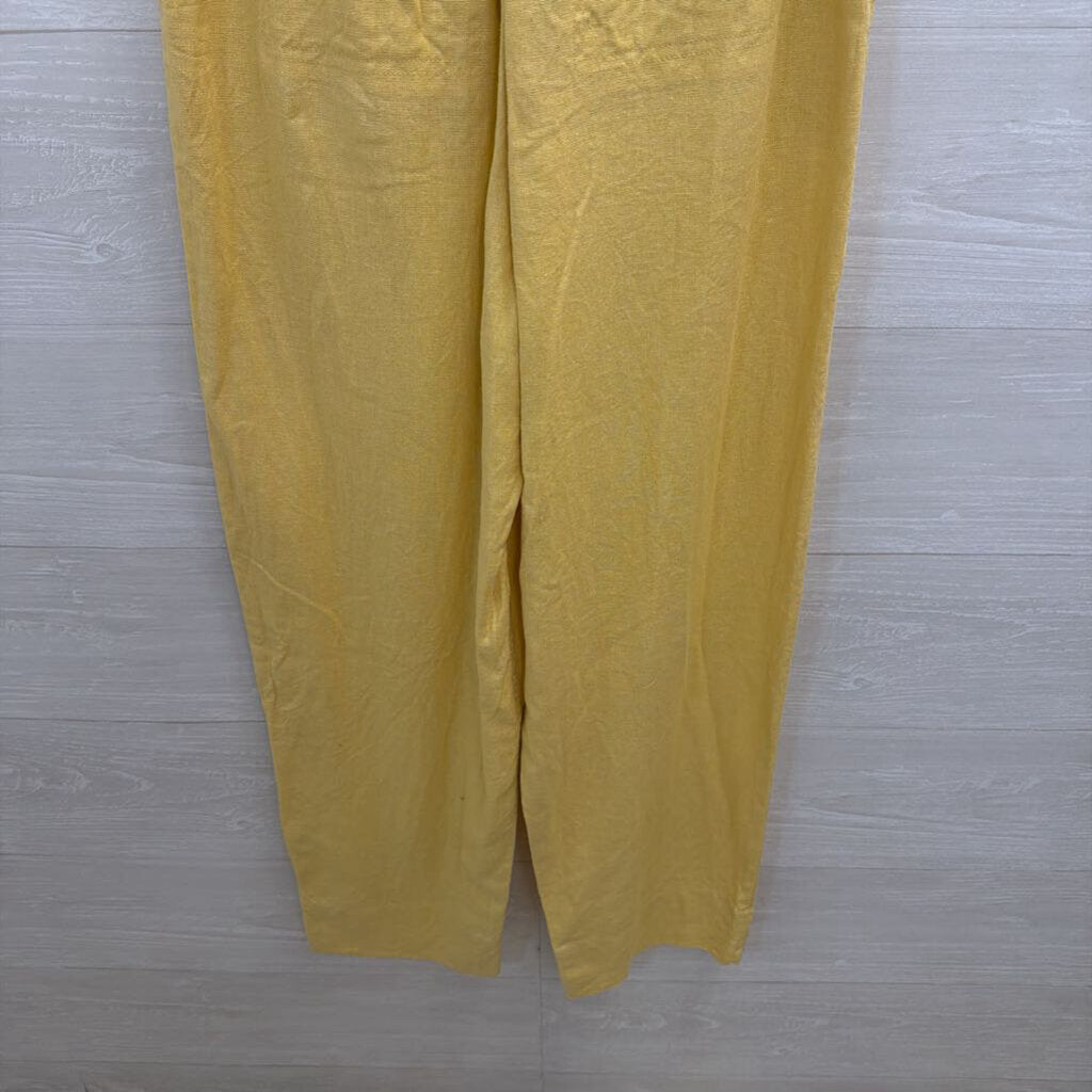 Yellow Short Sleeve Button Front Tie Waist Jumpsuit Small