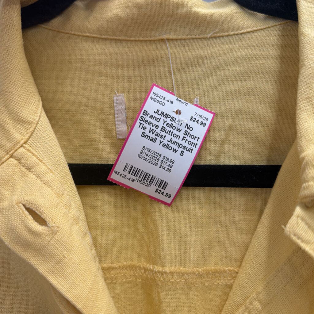 Yellow Short Sleeve Button Front Tie Waist Jumpsuit Small