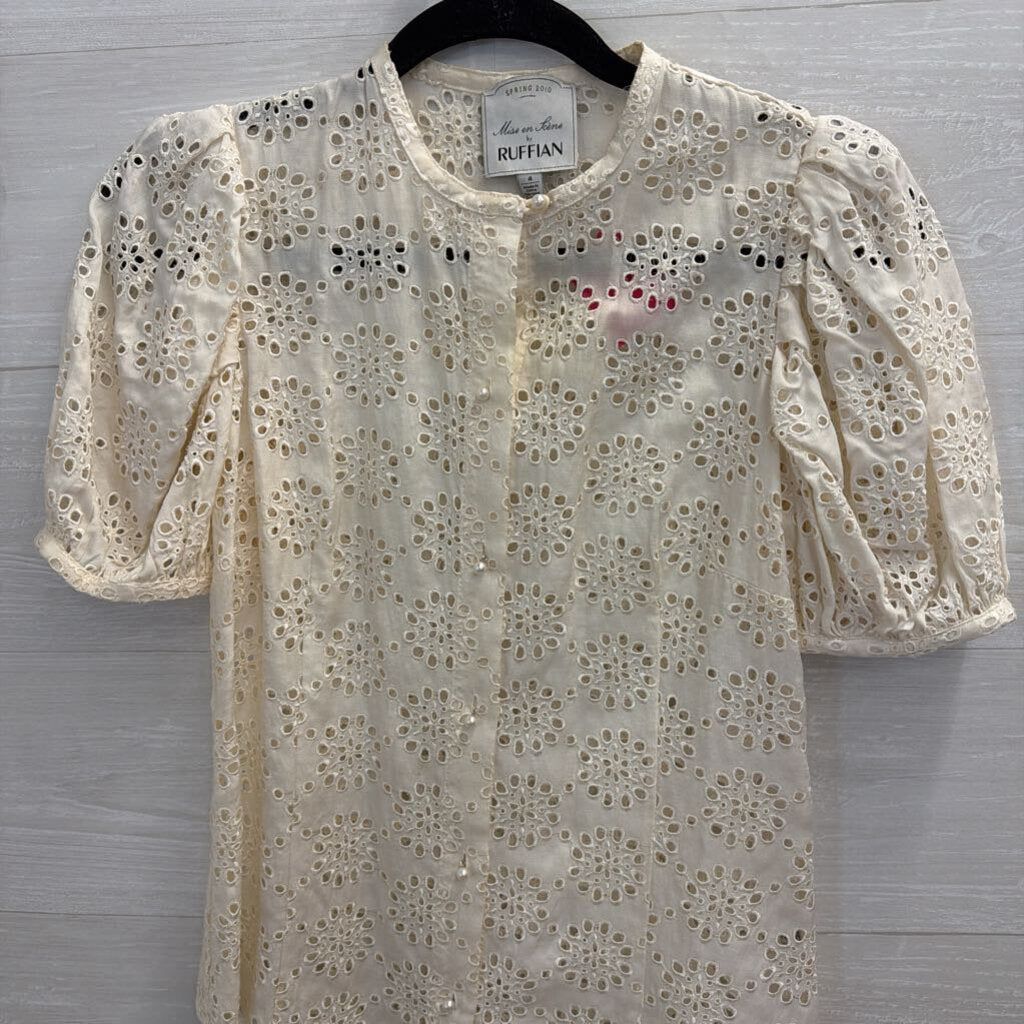 Ruffian Cream Eyelet Short Puff Sleeve Button Front Top 4
