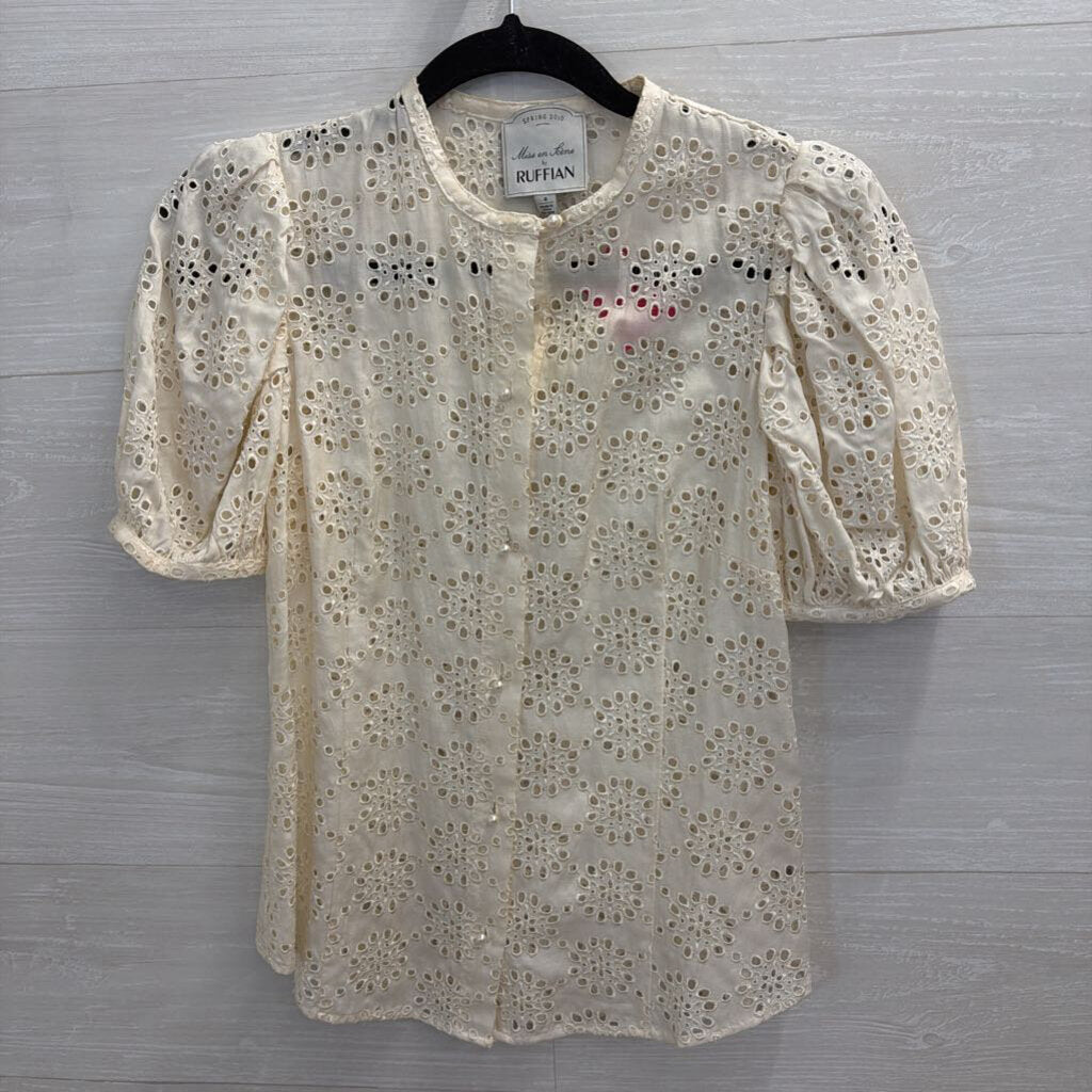 Ruffian Cream Eyelet Short Puff Sleeve Button Front Top 4