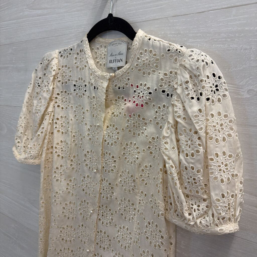 Ruffian Cream Eyelet Short Puff Sleeve Button Front Top 4