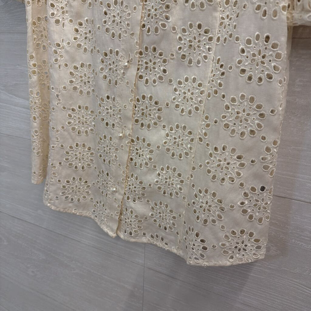 Ruffian Cream Eyelet Short Puff Sleeve Button Front Top 4