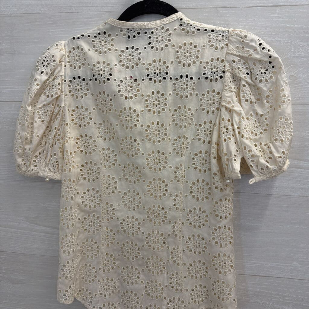 Ruffian Cream Eyelet Short Puff Sleeve Button Front Top 4