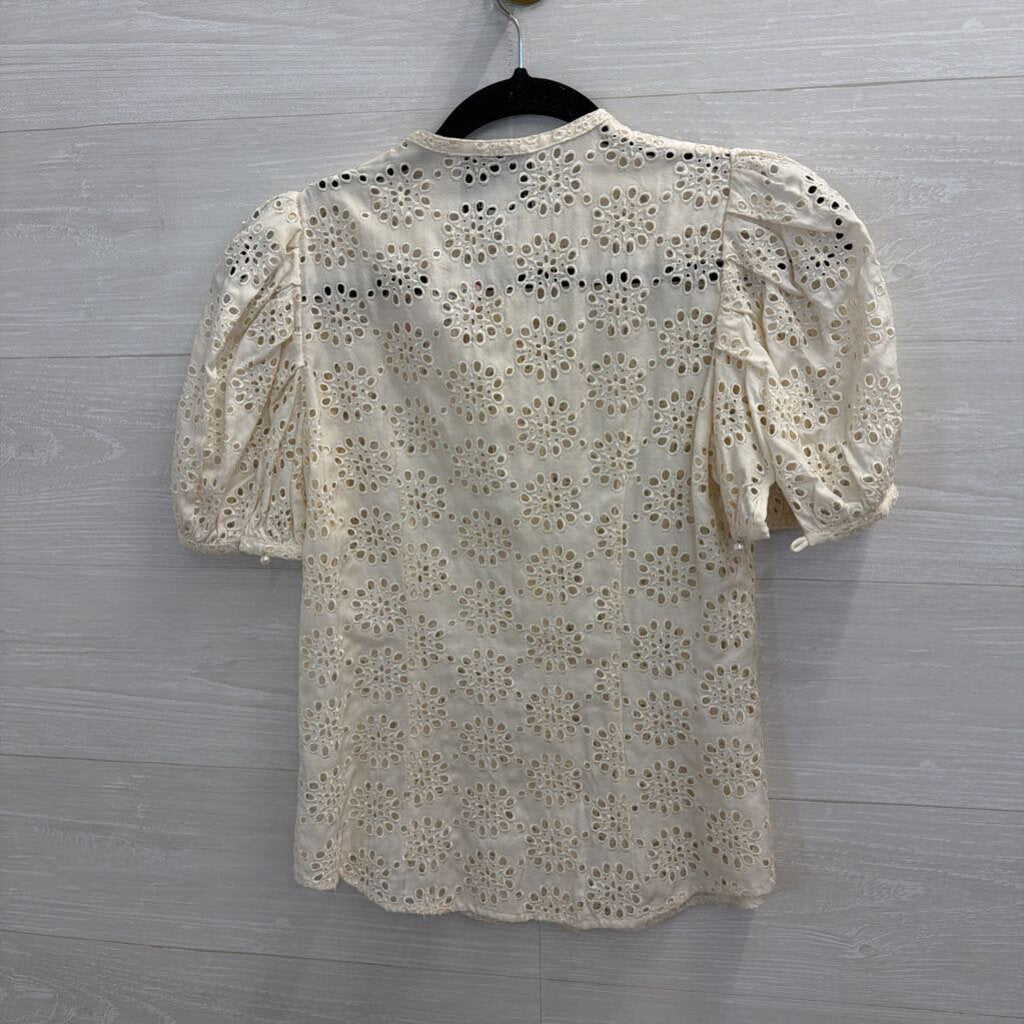 Ruffian Cream Eyelet Short Puff Sleeve Button Front Top 4