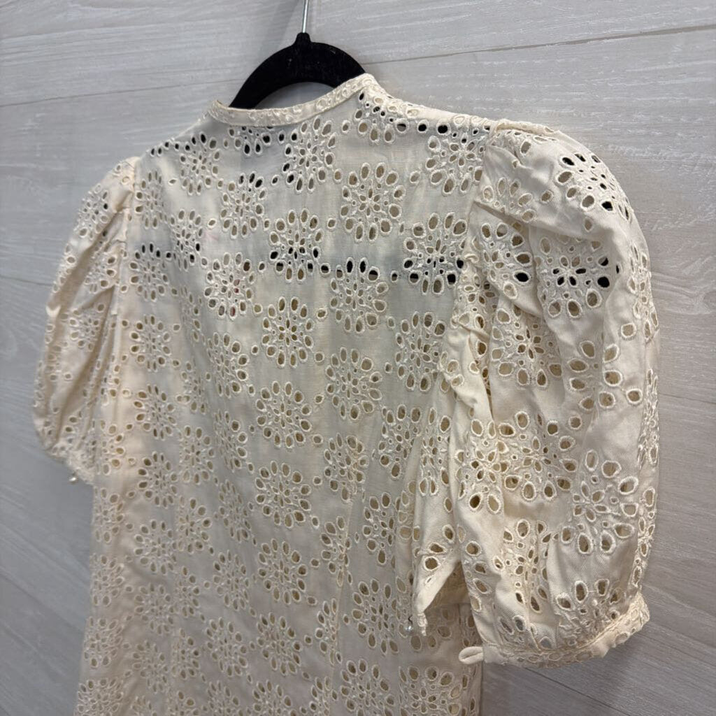 Ruffian Cream Eyelet Short Puff Sleeve Button Front Top 4