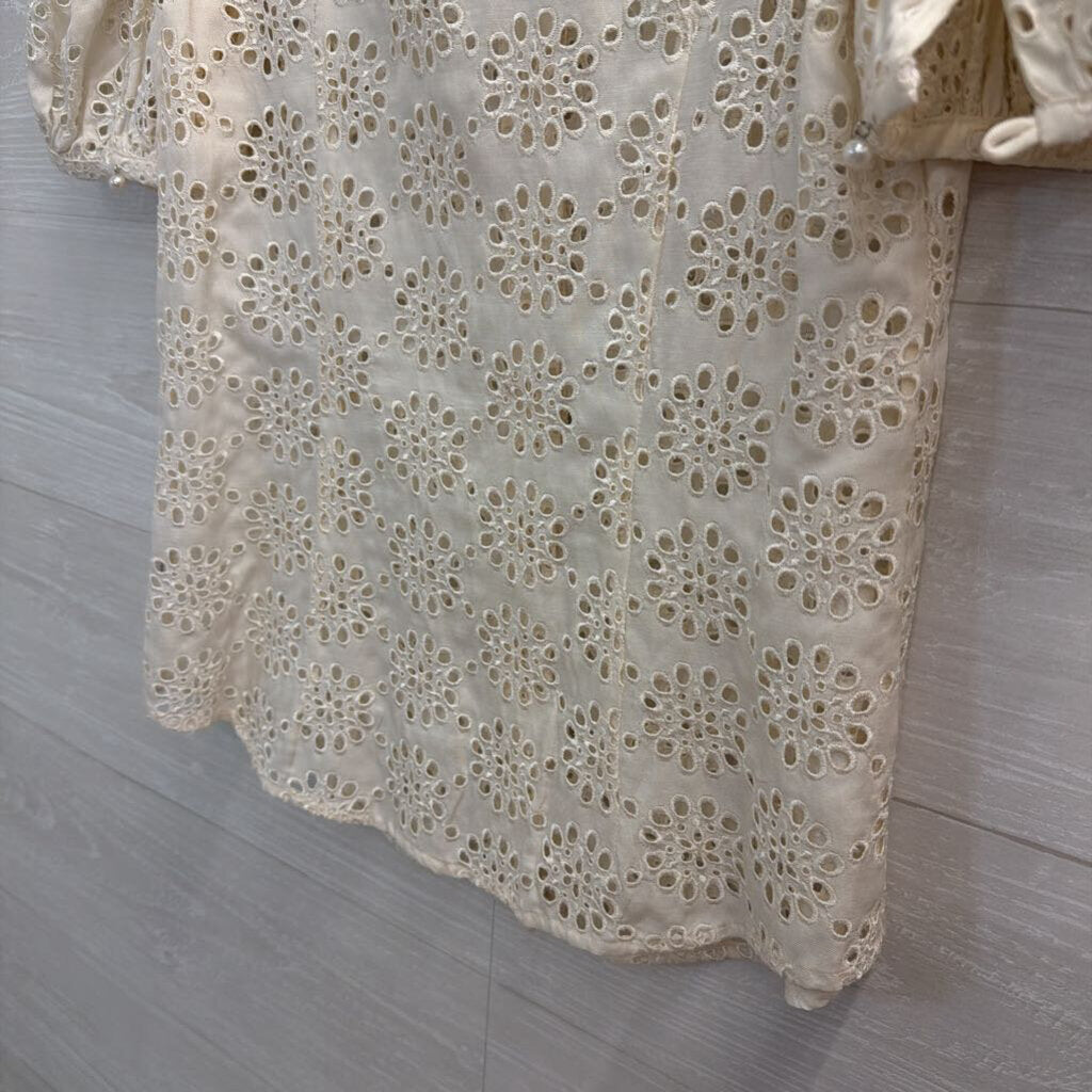 Ruffian Cream Eyelet Short Puff Sleeve Button Front Top 4
