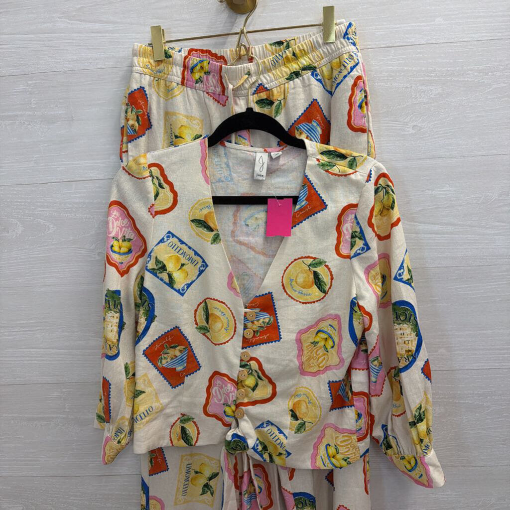 Joie White/ Multi La Dolce Vita Postcard Print Top/ Pants Set XS/ S