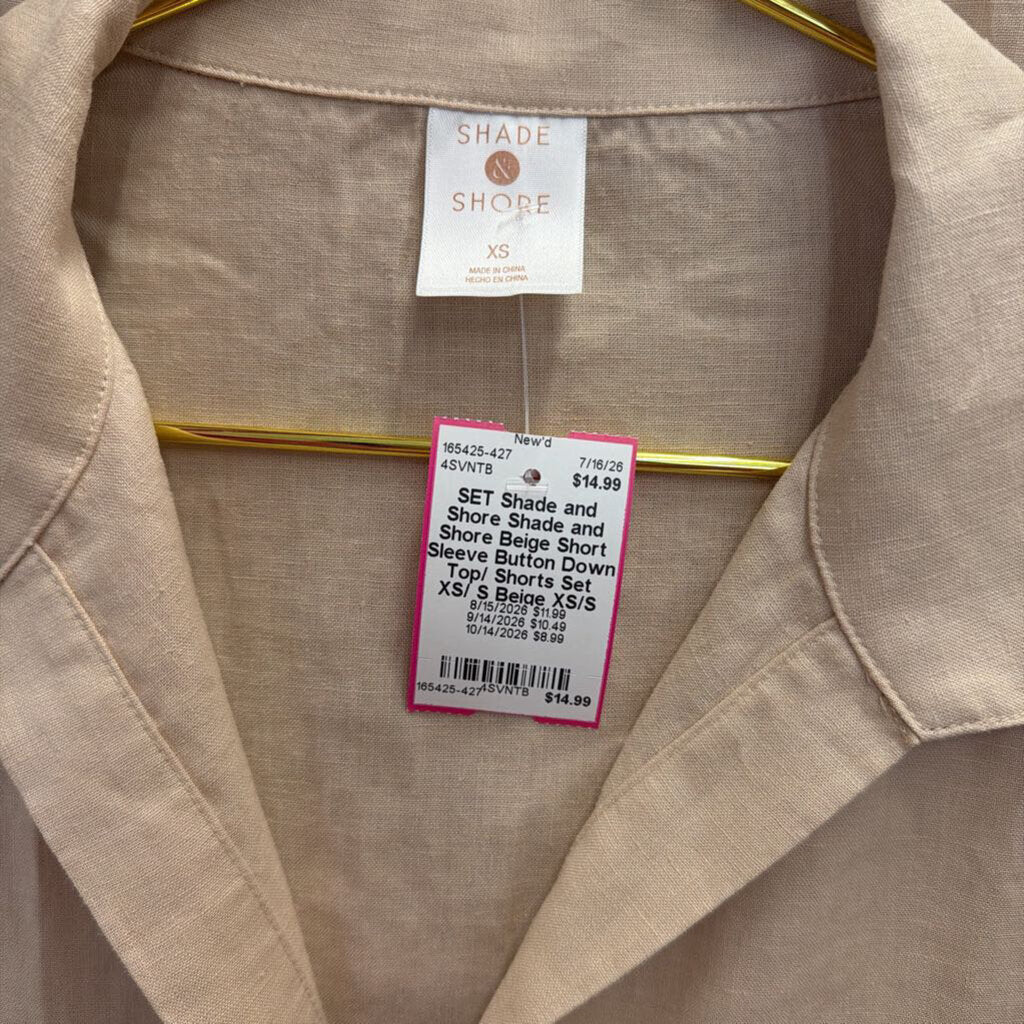 Shade and Shore Beige Short Sleeve Button Down Top/ Shorts Set XS/ S