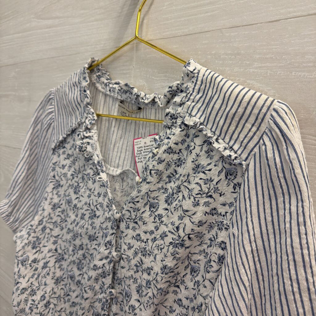 American Eagle White/ Blue Print Cropped Short Puff Sleeve Top Large