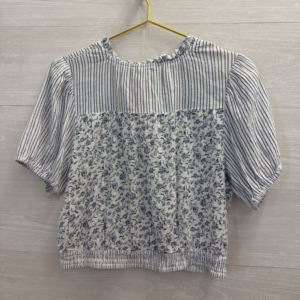 American Eagle White/ Blue Print Cropped Short Puff Sleeve Top Large
