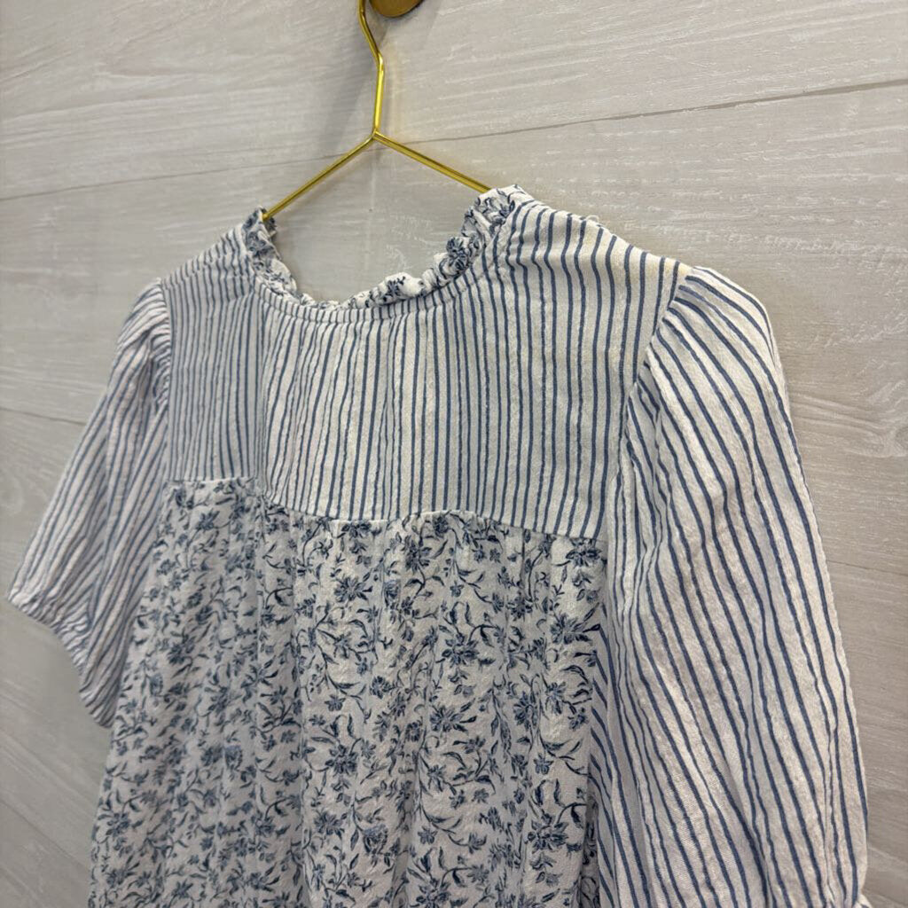 American Eagle White/ Blue Print Cropped Short Puff Sleeve Top Large