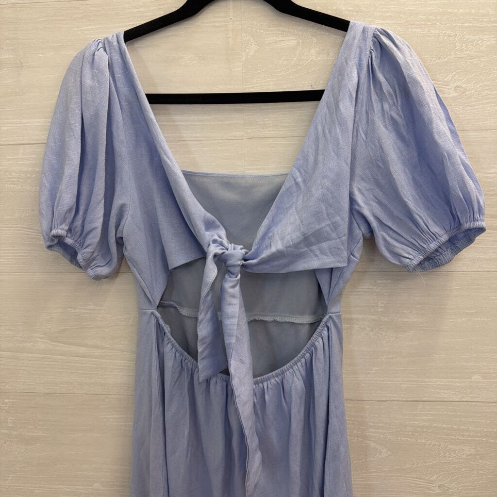 Andree Blue Short Puff Sleeve Tie Back Dress Small