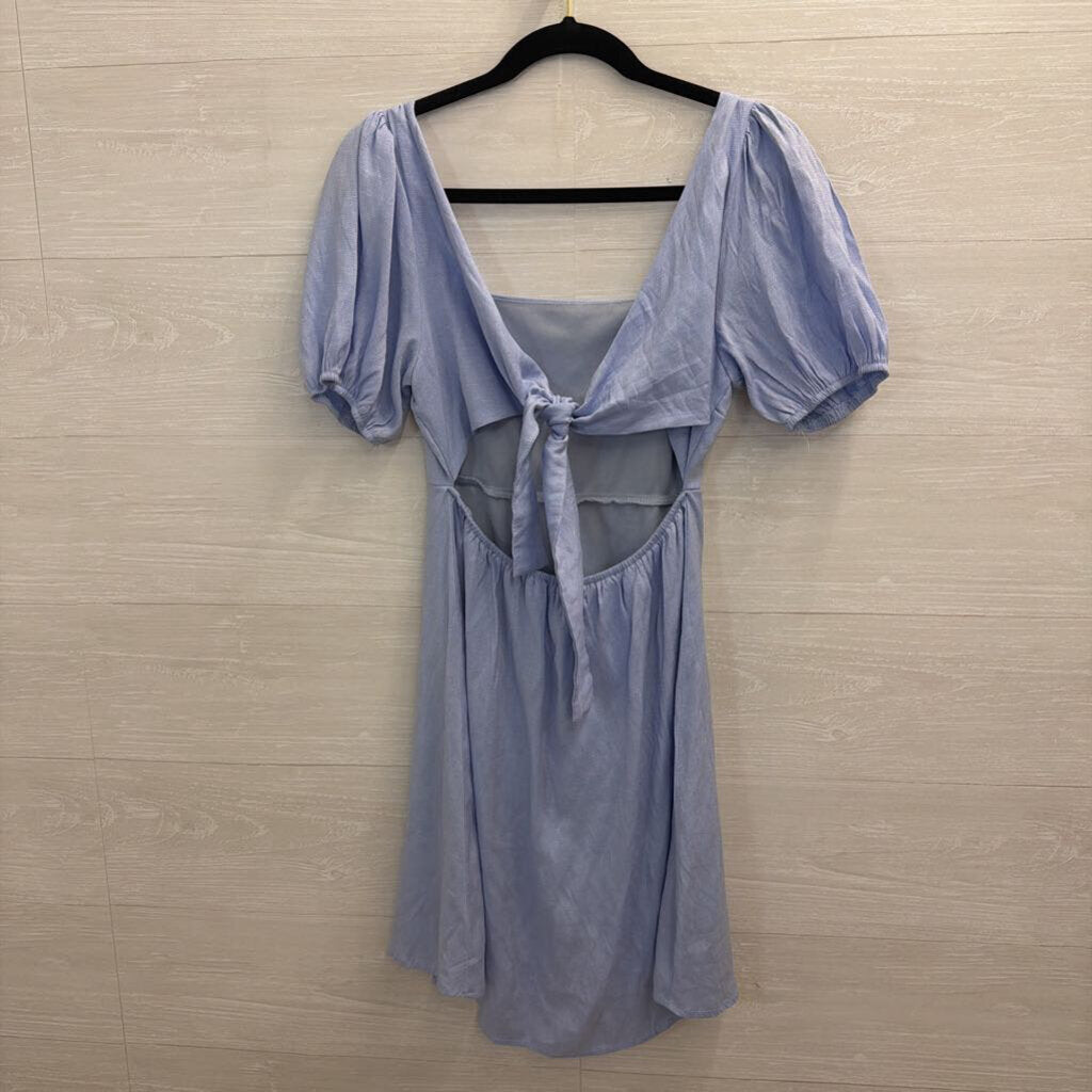 Andree Blue Short Puff Sleeve Tie Back Dress Small