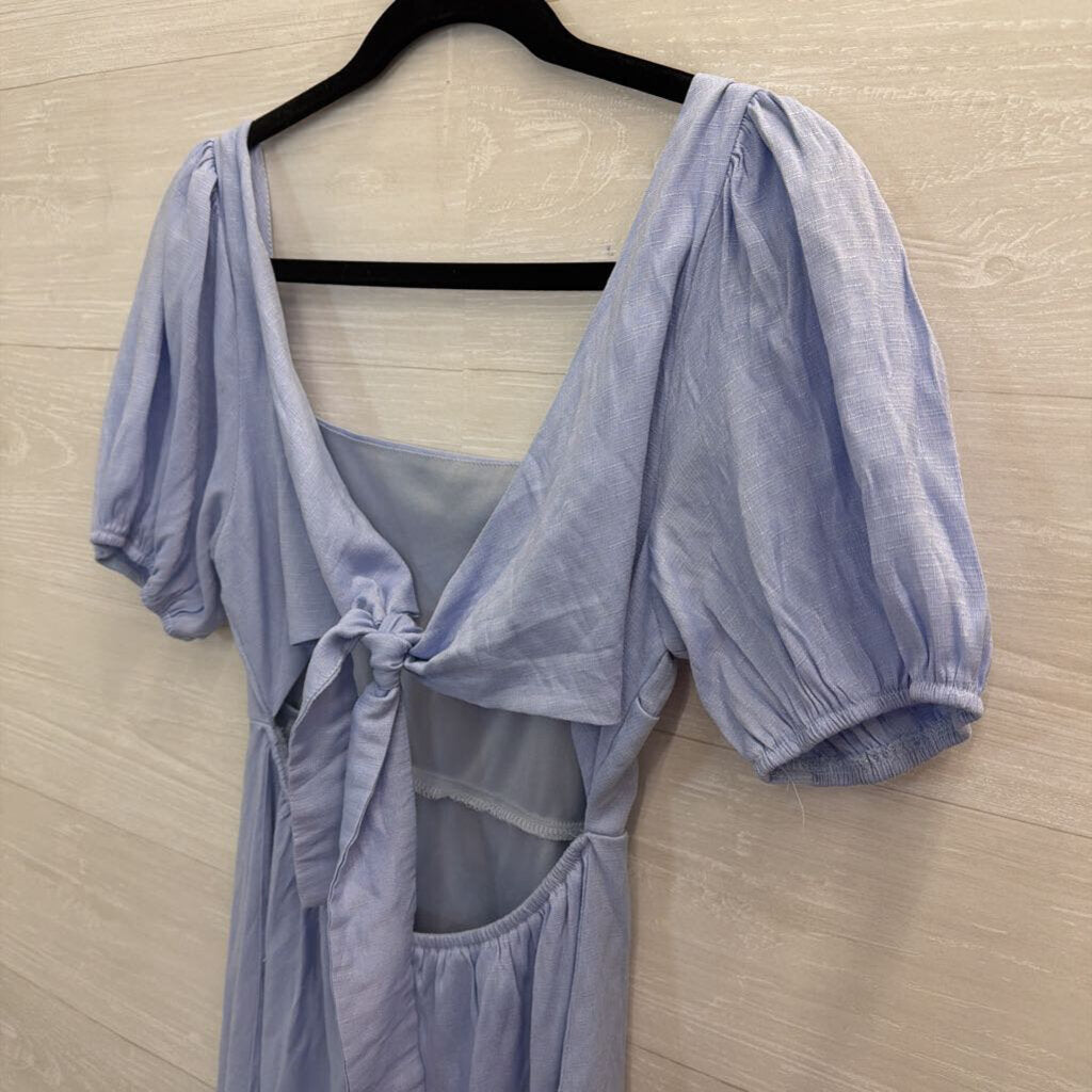 Andree Blue Short Puff Sleeve Tie Back Dress Small