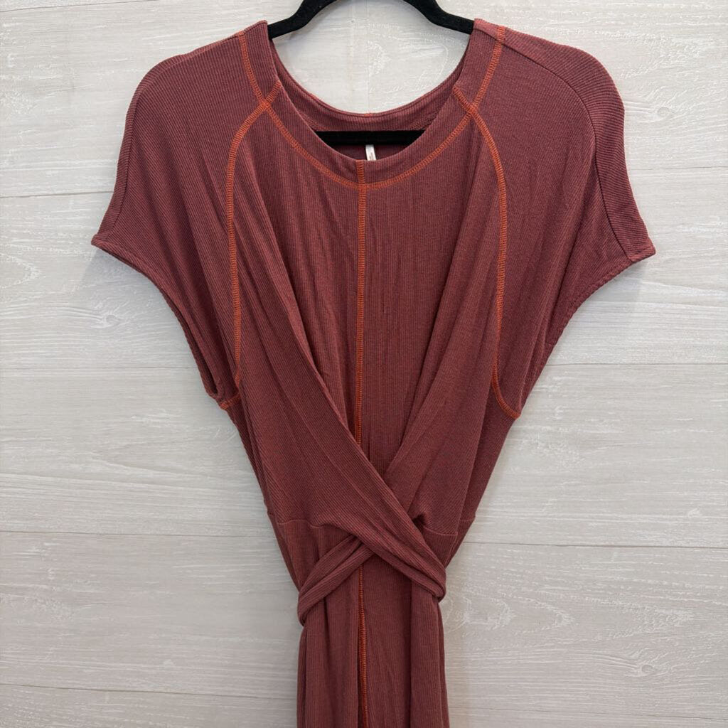 Free People Burgundy/ Orange Contrast Stitch Short Sleeve Tie Waist Maxi Dress Medium