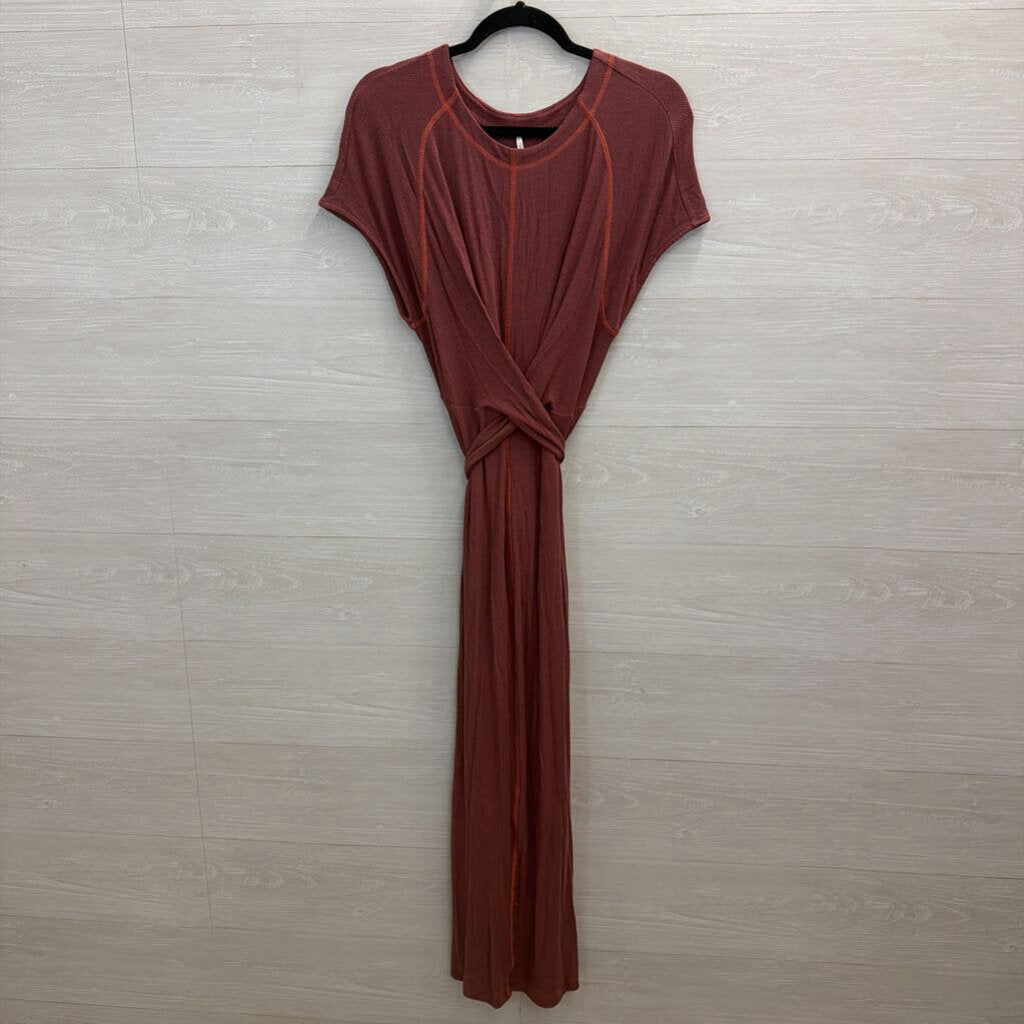 Free People Burgundy/ Orange Contrast Stitch Short Sleeve Tie Waist Maxi Dress Medium