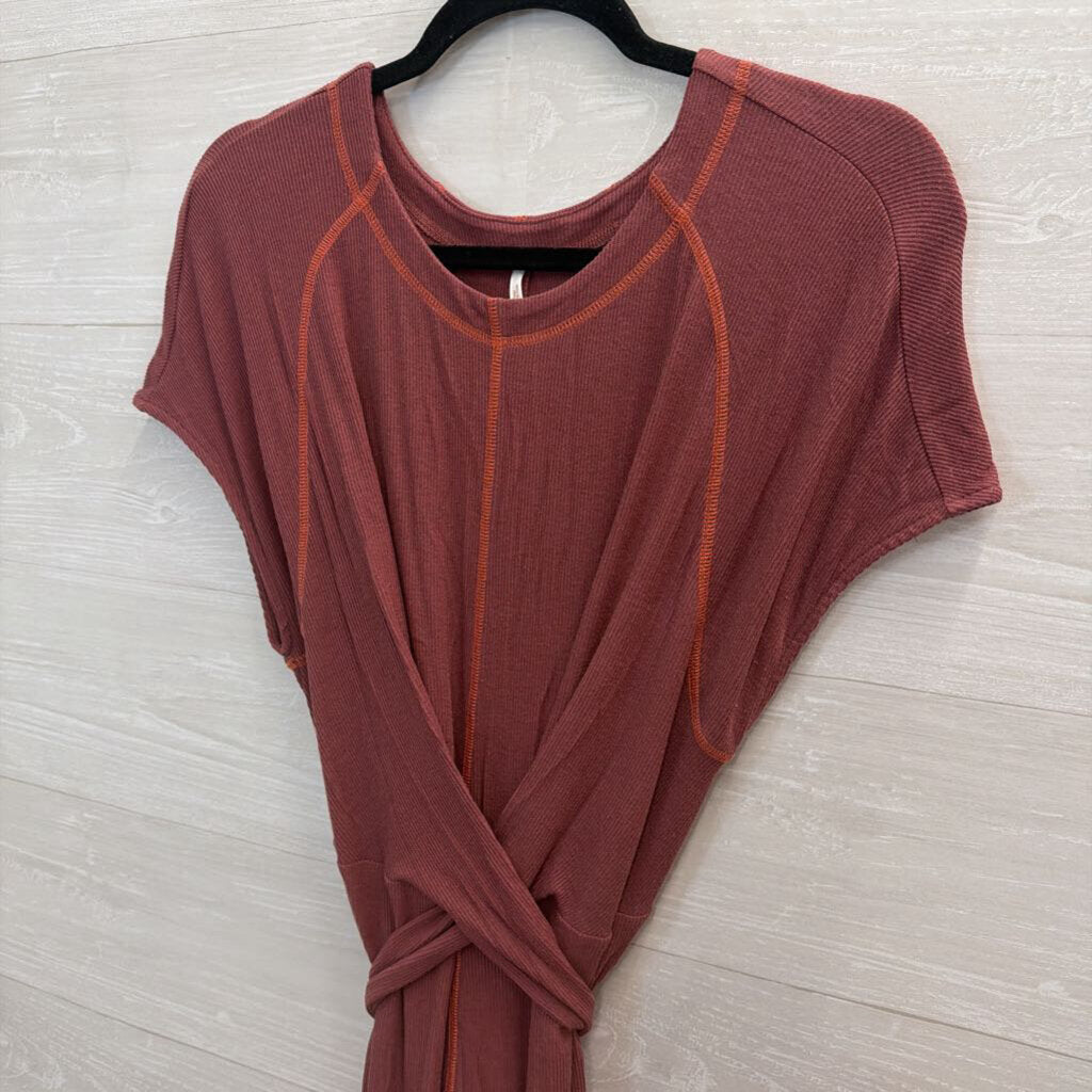 Free People Burgundy/ Orange Contrast Stitch Short Sleeve Tie Waist Maxi Dress Medium