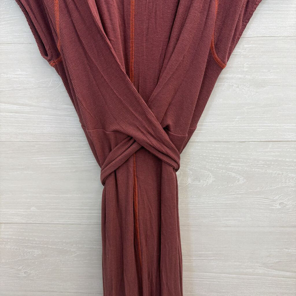 Free People Burgundy/ Orange Contrast Stitch Short Sleeve Tie Waist Maxi Dress Medium