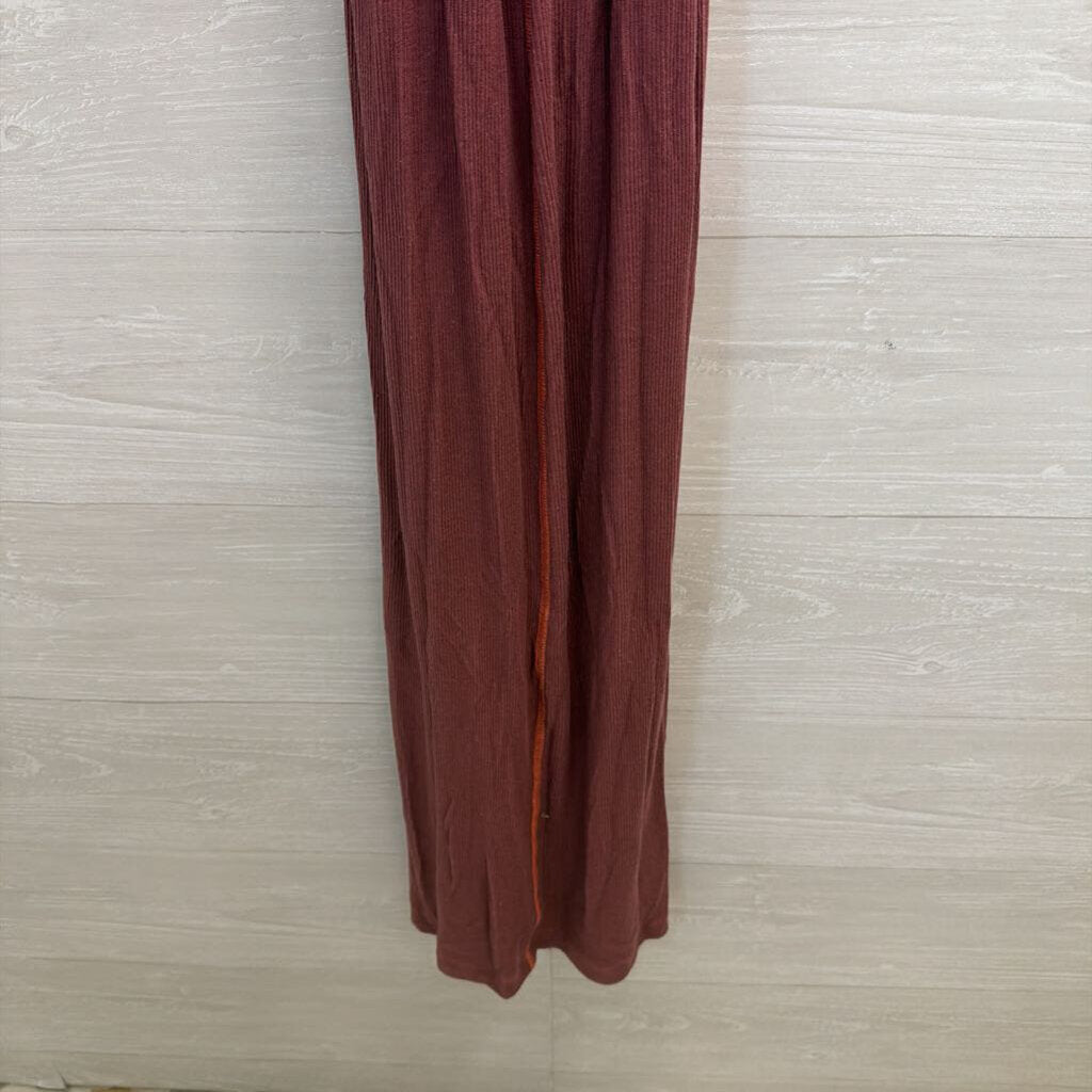 Free People Burgundy/ Orange Contrast Stitch Short Sleeve Tie Waist Maxi Dress Medium