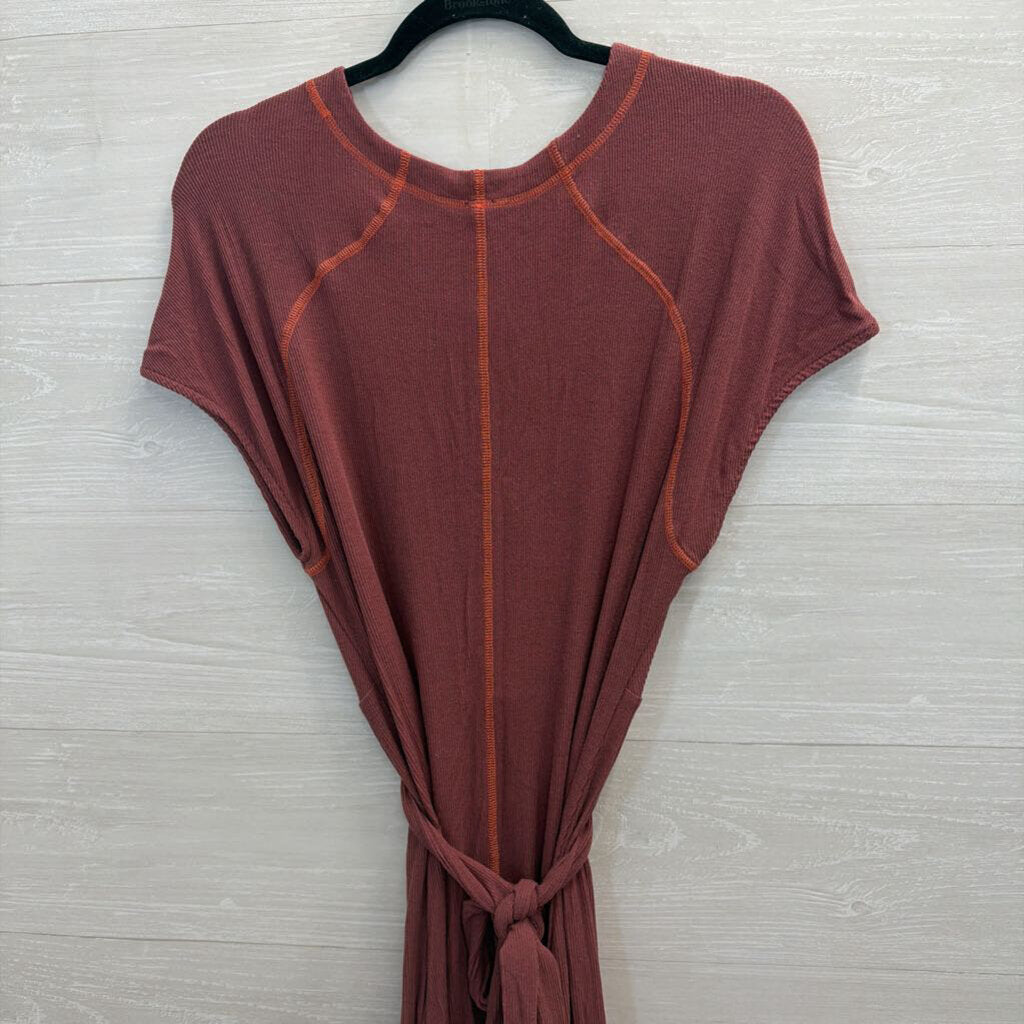 Free People Burgundy/ Orange Contrast Stitch Short Sleeve Tie Waist Maxi Dress Medium